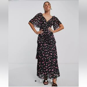 ASOS DESIGN pleated midi dress with tiered skirt in black based pink floral✨